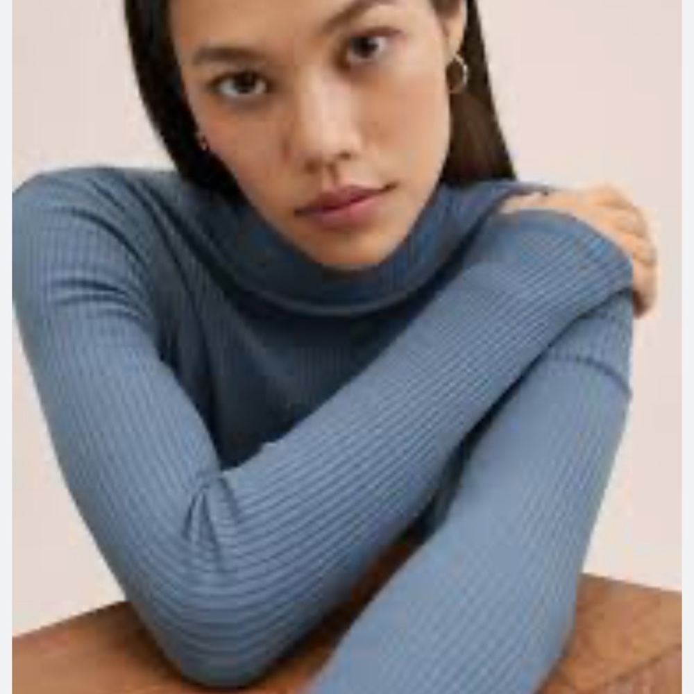 MANGO Women’s High Collar Blue Long Ribbed Sweater Size Small - Picture 5 of 9